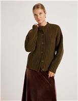 Finery London Ribbed Crew Neck Button Front Cardigan Khaki