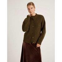 Finery London Ribbed Crew Neck Button Front Cardigan Khaki