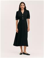 Crepe Collared Puff Sleeve Midi Tea Dress