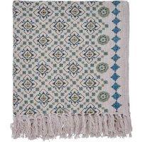 Joules Country Tiles Pure Cotton Geometric Throw Green Mix
