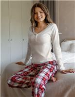 Ribbed Lace Trim Checked Pyjama Set
