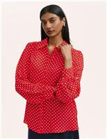 Polka Dot Collared Blouson Sleeve Blouse