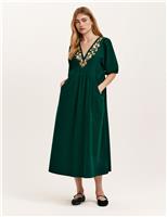 Cord Embroidered V-Neck Midi Smock Dress