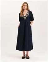 Cord Embroidered V-Neck Midi Smock Dress