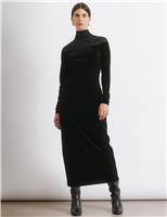 Mesh & Velvet Funnel Neck Midi Column Dress