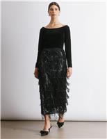 Sequin Fringe Midi Pencil Skirt