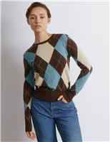 Cotton Blend Argyle Crew Neck Jumper with Wool