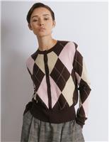 Argyle Crew Neck Cardigan with Wool