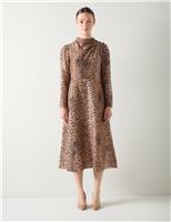 Silk Blend Animal Print Midi Fitted Dress