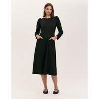 Finery London Ponte Jersey Puff Sleeve Midi Skater Dress Black
