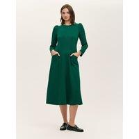 Finery London Ponte Jersey Puff Sleeve Midi Skater Dress Green