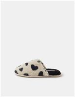 Faux Fur Heart Print Mule Slippers