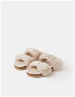 Faux Fur Buckle Open Toe Mule Slippers