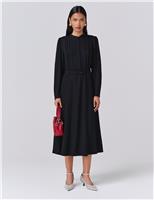 Ghost Crepe Pintuck Button Front Midi Waisted Dress Black