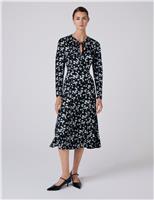 Ghost Satin Floral Midi Waisted Dress Black Mix