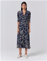 Crepe Floral V-Neck Midi Wrap Dress