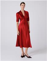 Satin V-Neck Midi Tea Dress