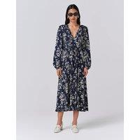 Ghost Crepe Floral V-Neck Midi Skater Dress Navy Mix