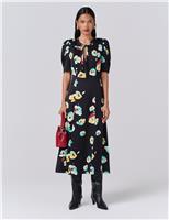 Ghost Satin Floral Tie Neck Midi Tea Dress Navy Mix