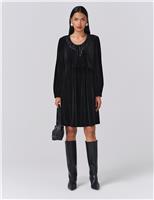 Velvet Tie Neck Knee Length Smock Dress