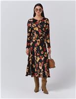 Satin Floral Belted Midi Dress