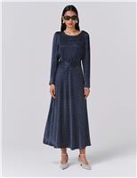 Ghost Satin Polka Dot Belted Midi Waisted Dress Navy Mix