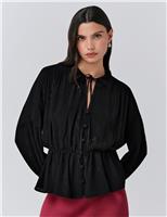 Crepe Embroidered Tie Neck Blouson Sleeve Blouse