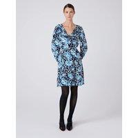 Ghost Crepe Floral V-Neck Mini Skater Dress Blue Mix