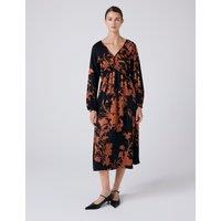 Ghost Satin Floral V-Neck Midi Waisted Dress Black Mix