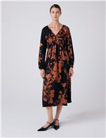 Ghost Satin Floral V-Neck Midi Waisted Dress Black Mix