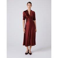 Ghost Satin V-Neck Midi Tea Dress Burgundy