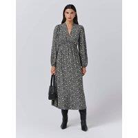 Ghost Crepe Floral V-Neck Midi Waisted Dress Black Mix