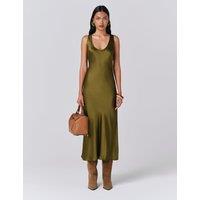 Ghost Satin Scoop Neck Midi Slip Dress Khaki