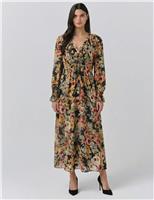 Ghost Crepe Floral V-Neck Midi Tea Dress Black Mix