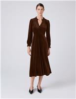 Ghost Velvet V-Neck Button Front Midi Skater Dress Brown