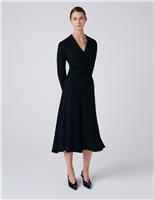 Ghost Crepe V-Neck Ruched Midi Skater Dress Black