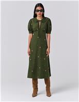 Pure Cotton Cord Embroidered Tie Neck Dress