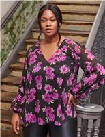 Floral Ruffle V-Neck Blouse