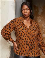 Animal Print Band Collar V-Neck Blouse