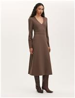 Ponte Jersey V-Neck Midi Waisted Dress