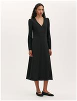 Finery London Ponte Jersey V-Neck Midi Waisted Dress Brown