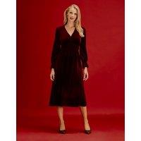 Finery London Velvet V-Neck Midi Waisted Dress Burgundy