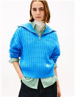 Tommy Hilfiger Pure Cotton Cable Knit Half Zip Sweatshirt Bright Blue