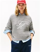 Tommy Hilfiger Pure Cotton Cable Knit Crew Neck Sweatshirt Grey Mix