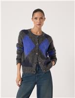 Argyle Crew Neck Cardigan with Wool