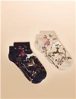 2pk Cotton Rich Woodland Print Trainer Socks