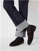 HUSH Suede Block Heel Penny Loafers Dark Brown