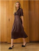 Satin V-Neck Lace Trim Midi Skater Dress