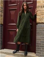 Cord Zip Neck Midi Tiered Dress