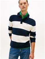 Tommy Hilfiger Cotton Blend Striped Knitted Polo Shirt Navy Mix